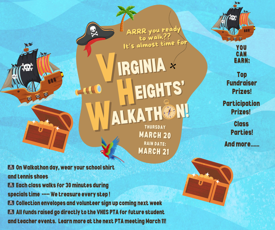 Blue background with text Arrr you ready to walk Virginia Heights' Walk a thon 